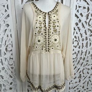 Free People Cream Embroidered Beaded Blouse